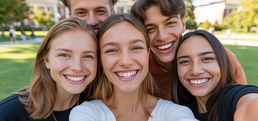 Fototapeta premium On a sunny campus lawn, a diverse group of college friends happily takes a selfie celebrating their bond.