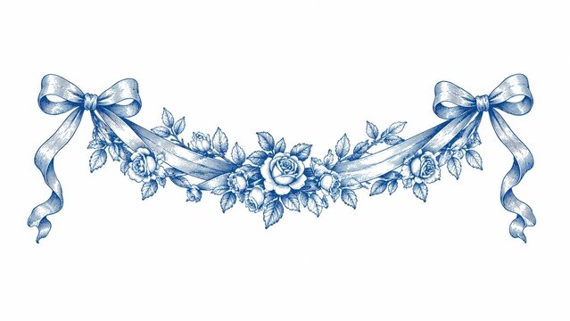 Vintage floral ribbon garland with bows in blue line art