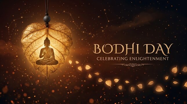 Glowing Bodhi Day Celebration Illustration With Buddha Silhouette and Falling Leaves