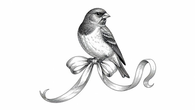 Black and white engraved bird perched on a ribbon bow