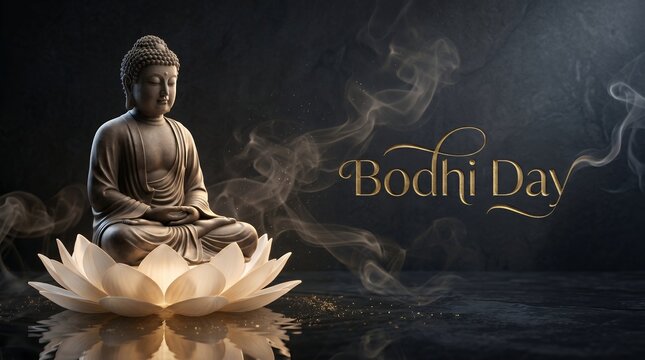 Serene Buddha Statue Meditating on Lotus Flower with Wisps of Smoke and Golden Bodhi Day Text