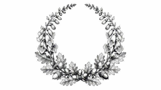 Botanical wreath with foxglove flowers, oak leaves and acorns