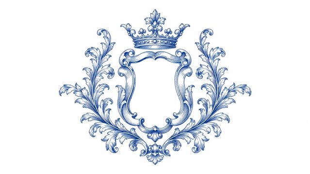 Ornate blue heraldic frame with crown and floral scrollwork