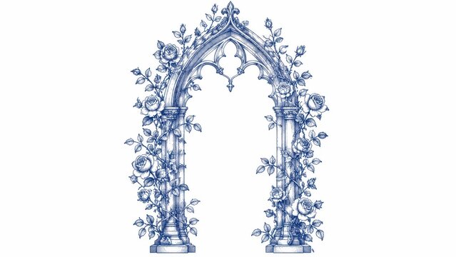 Blue ink illustration of gothic arch entwined with roses
