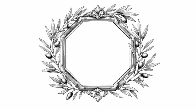 Ornate octagonal frame with olive branches line art illustration