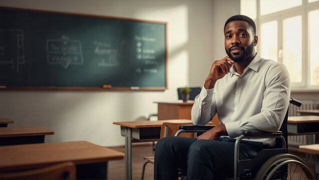Professional Black male teacher in wheelchair sitting in classroom. African American educator with physical disability. Diversity, inclusion and accessibility in education