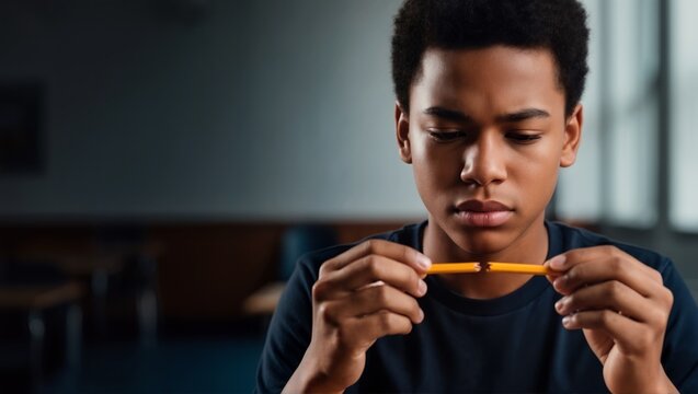Sad Black teenage boy student holding broken yellow pencil in classroom. Frustration and academic stress during high school exam. Mental health and education challenge