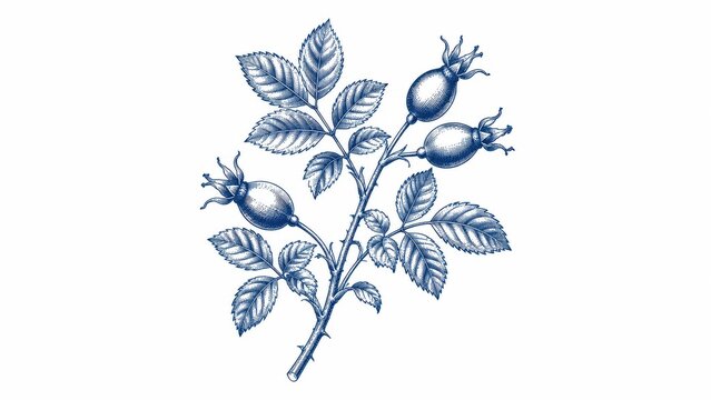 Blue botanical illustration of rosehip branch with leaves and berries