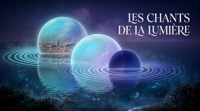 Ethereal SciFi Cityscape Floating on Water with Glowing Planets and Ripples