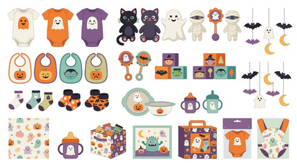 Fototapeta premium Cute Halloween Baby Items Set, Vector Graphics of Infant Gifts and Clothing with Ghost, Pumpkin and Witch Designs, Fun Kids Illustrations isolated on White Background Editable EPS