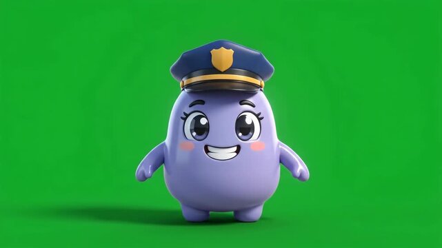 Cute Cartoon Character Wearing a Police Hat on a Green Screen.