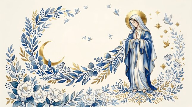 Elegant Watercolor Painting of Virgin Mary with Floral Garland, Moon, and Birds