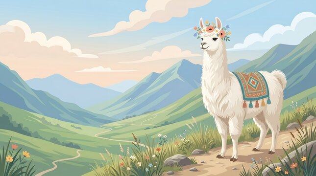 Gentle Llama Wearing a Flower Crown and Colorful Textile on a Winding Mountain Path