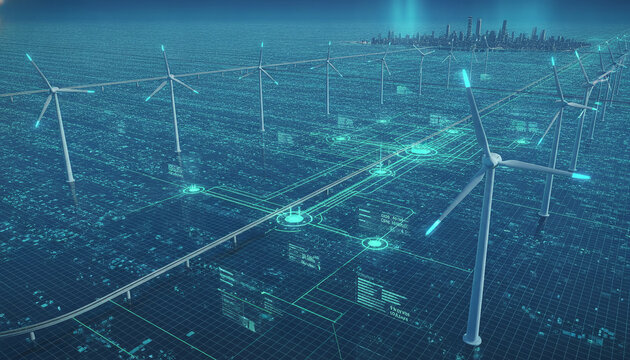 Futuristic offshore wind farm with digital grid overlays connecting turbines across a blue ocean towards a distant city skyline, representing renewable energy technology and data.