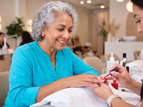 senior woman manicure nail care beauty salon hands treatment service smiles during professional red polish application for mature grooming relaxation confidence and spa promotions for brands
