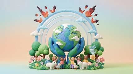Obraz premium Diverse people and animals celebrating environmental protection of earth