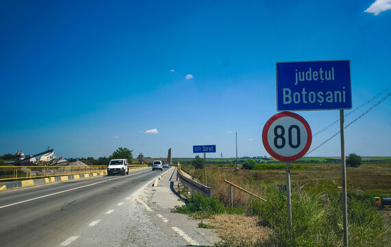 The road from Suceava County to Botosani County - Romania. Road E 58 at the entrance to Botosani County