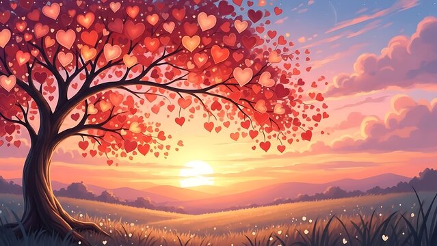 Tree with red leaves in front of colorful pixel art sunset