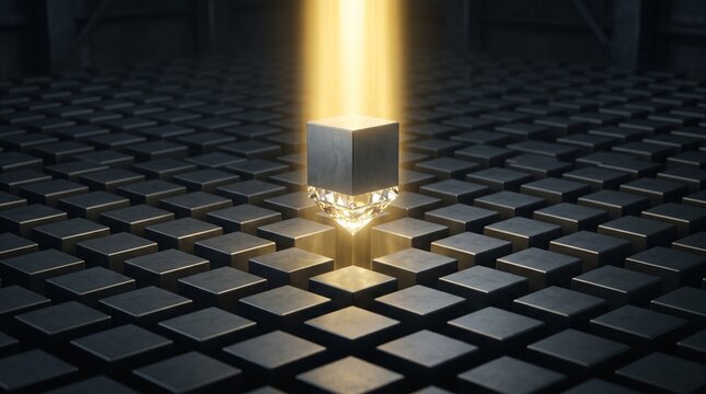 glowing central cube hovering above a dark geometric grid illuminated by a radiant golden beam from above in a sleek modern conceptual illustration depicting advanced technology and power energy syste