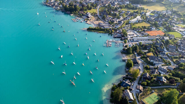 Aerial View of St. Gilgen on Lake Wolfgang with Sailing Boats in the Salzkammergut, Austria