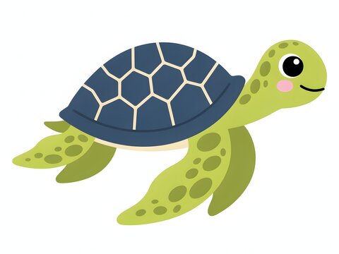 Cute cartoon green sea turtle swimming with happy smile and blue shell pattern