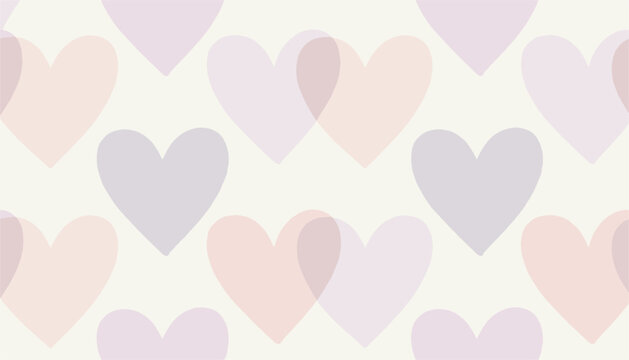 Beautiful romantic seamless pattern with transparent overlapping heart shapes in soft pastel pink and purple.