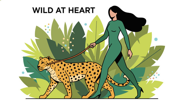 Stylish flat vector illustration of an elegant woman in green walking a leopard in a tropical forest backdrop.