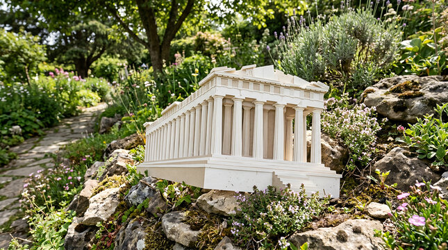 Parthenon replica stands among rock formations and flowers in a lush botanical garden setting.