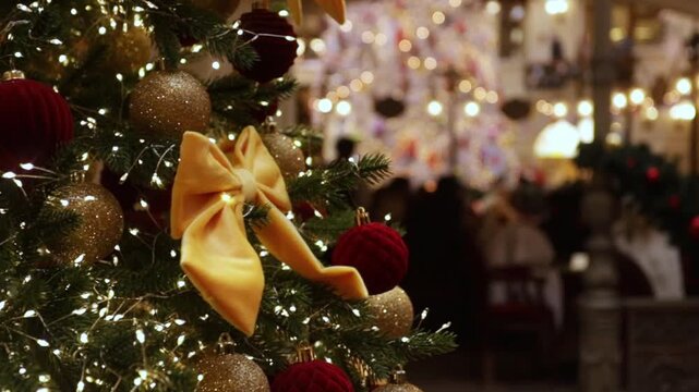 warm festive atmosphere with decorated christmas tree,velvet bow,red and gold ornaments,and glowing garland lights,while a soft blurred crowd suggests holiday shopping season