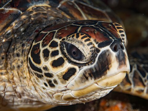 Close-up of endangered green sea turtle swimming in clear ocean waters with detailed shell patterns