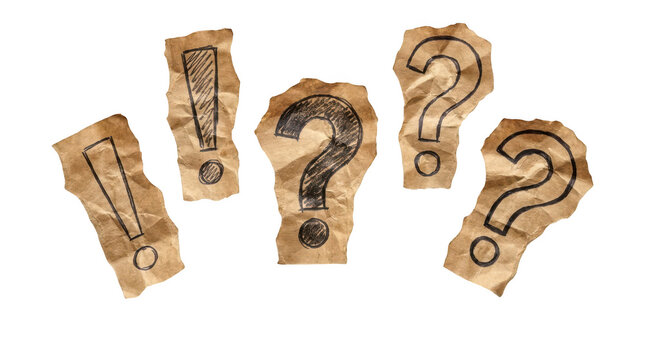 Hand drawn exclamation and question marks on crumpled paper isolated on transparent background
