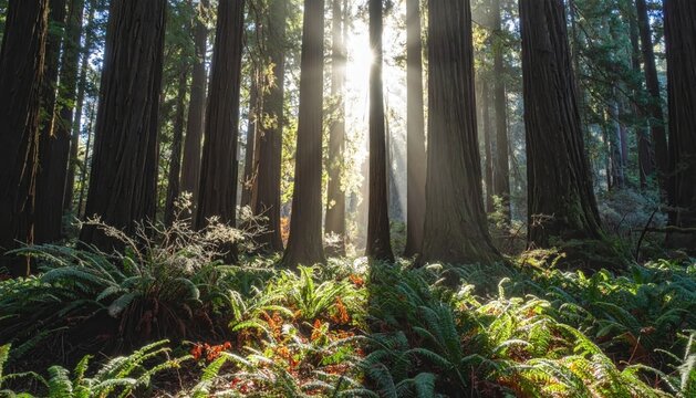 For&ecirc;t de grands pins verticaux avec fougeres luxuriantes au sol, rayons de lumi&egrave;re verticaux traversant la cime des arbres dans un environnement naturel vert et paisible