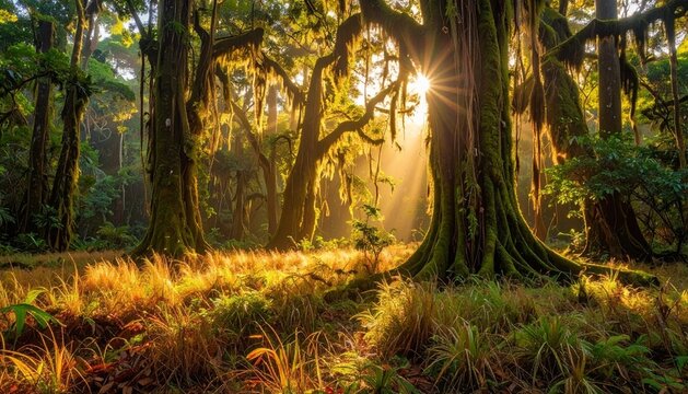 Rayons de soleil perc&ccedil;ant &agrave; travers les arbres d'une for&ecirc;t automnale dor&eacute;e, cr&eacute;ant un contraste lumineux spectaculaire dans un sous-bois naturel et paisible
