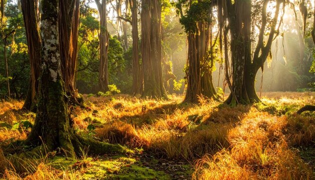 For&ecirc;t automnale dor&eacute;e illumin&eacute;e par des rayons de soleil traversant les branches, feuillage flamboyant et atmosph&egrave;re chaleureuse dans un sous-bois paisible et naturel