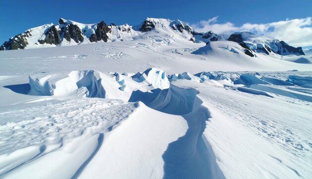 Dunes de neige sculpt&eacute;es par le vent formant des motifs ondul&eacute;s sous un ciel clair, paysage polaire immacul&eacute; et texture naturelle glac&eacute;e impressionnante