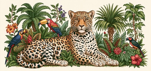 Obraz premium A regal leopard lies peacefully in dense jungle foliage, accompanied by vibrant tropical birds in detailed engraving style.