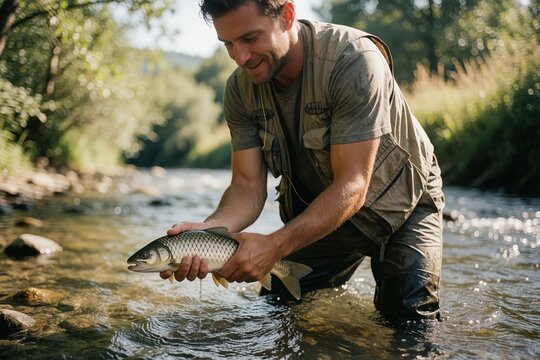 Man in stream holding freshly caught fish
