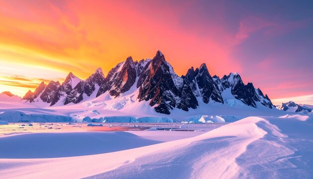Cha&icirc;ne de montagnes enneig&eacute;es en Antarctique baign&eacute;e par une lumi&egrave;re rose et violette au coucher du soleil dans un paysage glac&eacute; spectaculaire