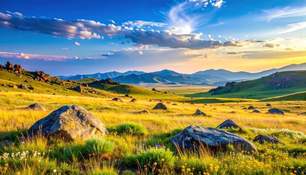 Colline dor&eacute;e baign&eacute;e par la lumi&egrave;re du coucher de soleil avec rochers dispers&eacute;s et v&eacute;g&eacute;tation sauvage, paysage naturel serein sous un ciel automnal apaisant