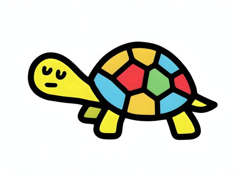 Colorful cartoon turtle smiling with geometric shell pattern on white background