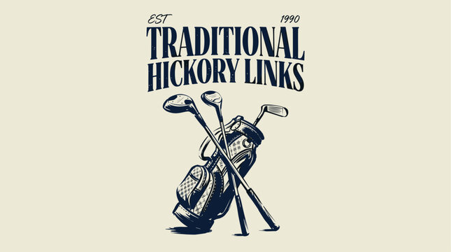Traditional hickory links. Golf club vintage design for t shirt print, poster, sticker. Retro sports graphic. Golf bag illustration.