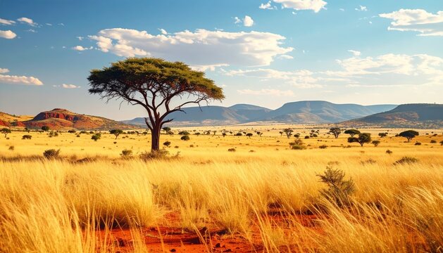 Acacia solitaire dans une vaste prairie africaine dor&eacute;e s'&eacute;tendant &agrave; perte de vue sous un ciel bleu clair parsem&eacute; de nuages blancs &eacute;pars