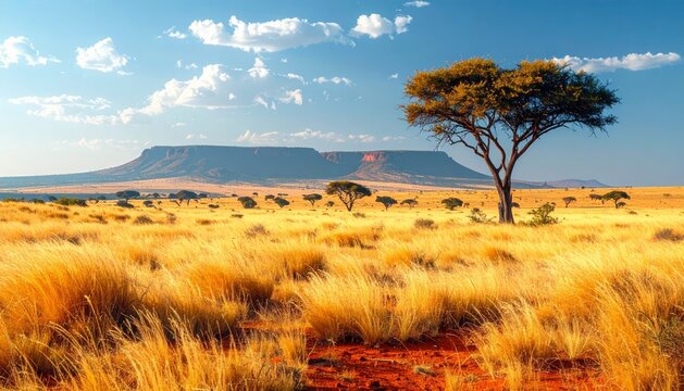 Acacia solitaire majestueux se dressant dans une savane africaine dor&eacute;e sous un ciel bleu parsem&eacute; de nuages blancs au coucher du soleil chaleureux
