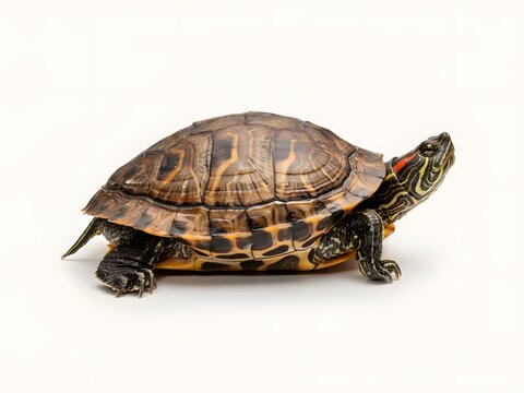 Close-up portrait of a detailed red-eared slider turtle isolated on white background