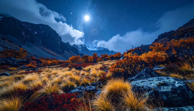 Pleine lune &eacute;clatante illuminant un ciel nocturne parsem&eacute; de nuages d&eacute;licats au-dessus d'une prairie paisible plong&eacute;e dans l'obscurit&eacute; myst&eacute;rieuse