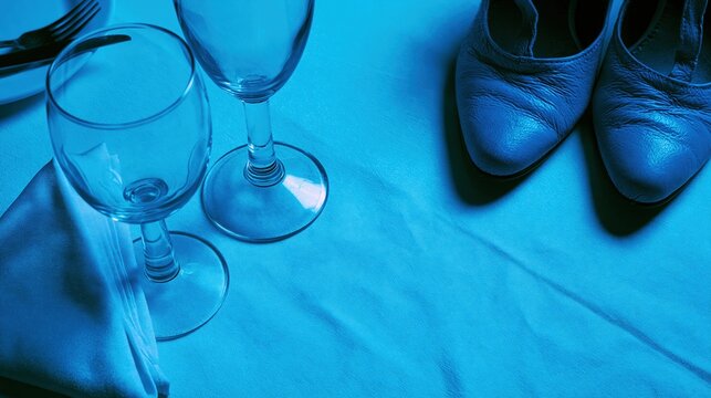 Evening event table setting with glassware, folded napkin, and dance shoes top down