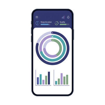 Smartphone screen displaying a sleep tracking application with circular progress charts and bar graphs.