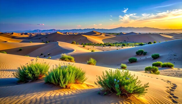 Dunes de sable ondulantes spectaculaires dans le desert de la peninsule arabique sous un ciel bleu clair au coucher du soleil