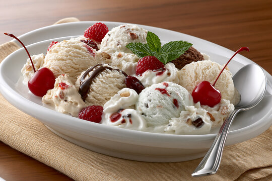 Yummy sundae with cherries and raspberries!