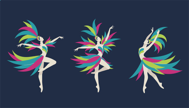 Three beautiful samba dancers in colorful carnival costumes with feathers performing on a dark blue background.